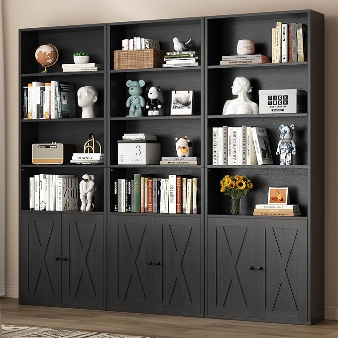 Shintenchi Bookshelf, Industrial Bookshelves and Bookcases with Doors Floor Standing 6 Shelf Display Storage Shelves 70.9 inches Tall Bookcase for Home Office, Living Room (Black)