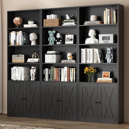 Shintenchi Bookshelf, Industrial Bookshelves and Bookcases with Doors Floor Standing 6 Shelf Display Storage Shelves 70.9 inches Tall Bookcase for Home Office, Living Room (Black)