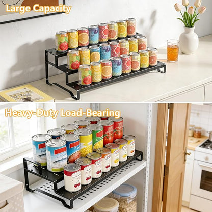 Attelite 3 Tier Expandable Can Rack Organizer for Pantry, Adjustable 13"-21" Metal Soda Can Organizer, Pantry Organization Canned Food Storage Holder for Kitchen Cabinet Countertop, Black 2Pack