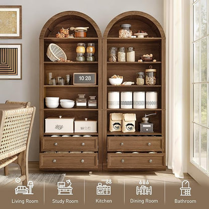 Farmhouse Arched Bookshelf Set of 2, 7 Tiers Arch Bookcase with 2 Spacious Drawers, Modern Book Shelf with Open Display Shelves and Storage Cabinet, for Office, Living Room, Kitchen, Walnut