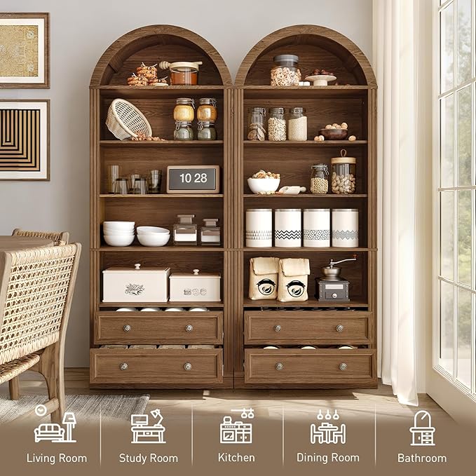 Farmhouse Arched Bookshelf, 7 Tiers Arch Bookcase with 2 Spacious Drawers, Modern Book Shelf with Open Display Shelves and Storage Cabinet, for Office, Living Room, Kitchen, Walnut