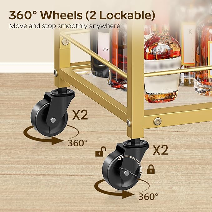 Bar Cart for The Home, Small Bar Cart on Wheels, Home Bar Serving Cart with Glass Holder, for Kitchen, Transparent and Gold BC03GD