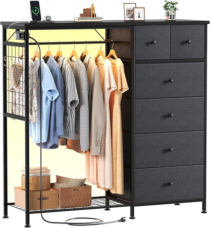 OLIXIS 6 Storage for Bedroom with Hanging Rack with LED Lights & Charging Station, Fabric Chest of Storage with Rack, Wooden Top, for Home Living Room Entryway Grey