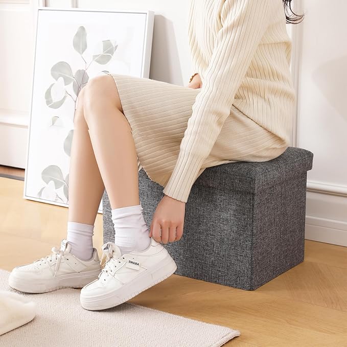 CUYOCA Storage Ottoman Cube Small Footrest Foldable Seat Foot Stools Square Tufted Ottoman Linen Black