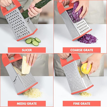 Urbanstrive Cheese Grater With Container, Professional Cheese Grater with Handle, Stainless Steel Graters for Kitchen Handheld, Box Grater with 4 Sides for Vegetables, Ginger, Potatoes (Coral)