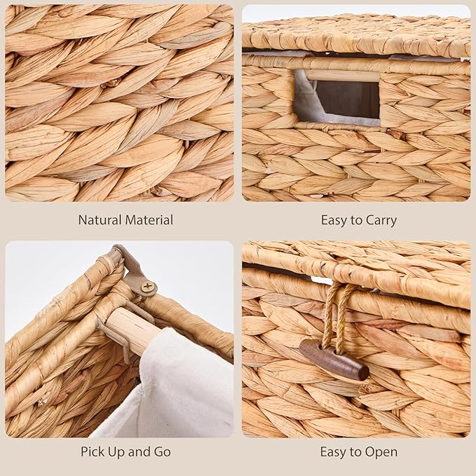 Large Laundry Hamper with Lid, Handwoven Natural Water Hyacinth Heightened Feet Laundry Basket, 2-Sections Wicker Clothes Hamper with Removable Liner Bag (Natural, 120L)