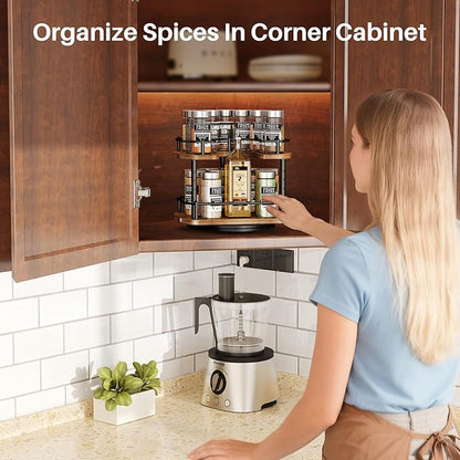 Lazy Susan Organizer Spice Rack - Spice Organization for Cabinet Height Adjustable Rotating Lazy Turntable, Pantry Kitchen Wood Revolving Seasoning Organizer (Vintage, 9 Inch)