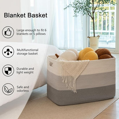 OIAHOMY 108L Super Large Blanket Basket, 25”x16”x16”(108L) Rectangle Woven Baskets for Storage, Cotton Rope Basket For Living Room, Toy Storage with Handle - Gradient Grey