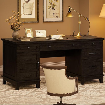 60" Traditional Home Office Desk with Power Outlets, Wooden Executive Desk with File Cabinet and Drawers, Farmhouse Wood Work Desk for Work, Study, Writing, Black