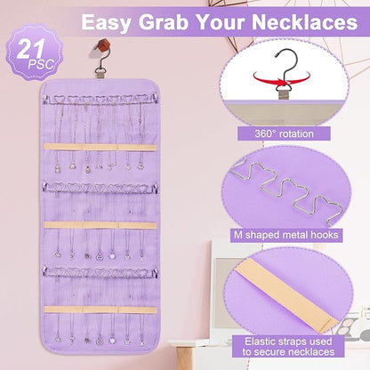 Dynoro Double-Sided Hanging Jewelry Organizer, Lavender Storage Roll for Earrings, Necklaces, Rings, 48 Pockets 21 Hooks, Durable Oxford Fabric for Closet, Wall, Door, 1 piece, Jewelry Not Included