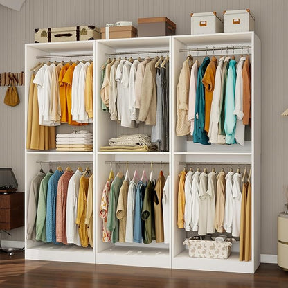 Closet System with 9 Hanging Rods& Shelf , 6FT Small Closet Organizer System Wood with Extra Side Hanging Rod for Walk in Closet Storage, Modular Closet Systems, White(6FT)