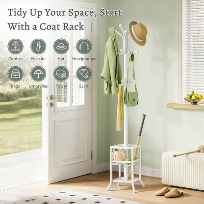 FAVOOSTY Coat Rack Freestanding,Coat Rack Stand with Umbrella Holder,Metal Coat Tree with 12 Hooks,Tree Clothes Hat for Entryway, Hallway, Bedroom, Living Room & Office -White
