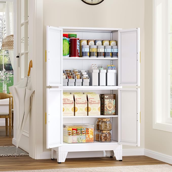 GAIOUS 47.25" Metal Pantry Cabinet, Storage Cabinets with 4 Door and 2 Adjustable Shelves, White Bathroom Cabinet, Freestanding Cupboard for Kitchen Dining Living Room Bathroom