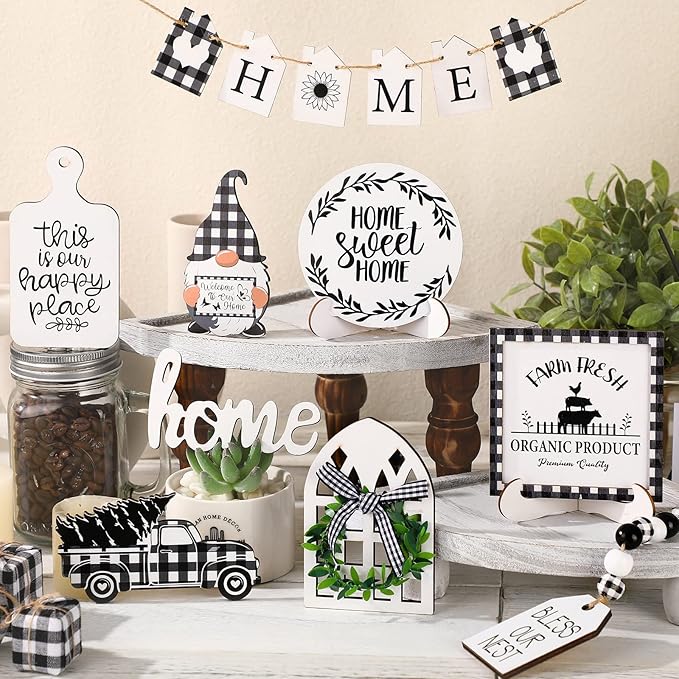11 Pcs Home Tiered Tray Decor Buffalo Plaid Black and White Rustic Farmhouse Tiered Tray Decorations Set Home Wooden Signs Vintage Animal Tabletop Wood Signs for Kitchen Table Shelf Decor