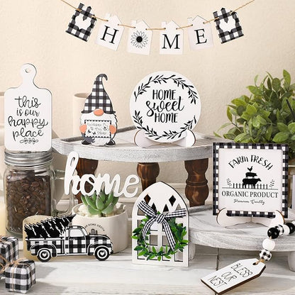 11 Pcs Home Tiered Tray Decor Buffalo Plaid Black and White Rustic Farmhouse Tiered Tray Decorations Set Home Wooden Signs Vintage Animal Tabletop Wood Signs for Kitchen Table Shelf Decor