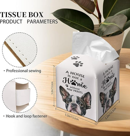 Grace Yonks Cute French Bulldog Tissue Box Cover Square, French Bulldog Dog Cube Case for Facial Tissues, 5.2" PU Leather(028)