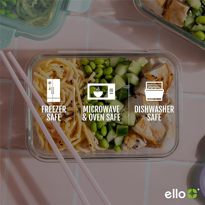 Ello Color Lock Glass Meal Prep Sets Leak-Proof Glass Food Storage Containers with Airtight BPA-Free Plastic Lids, Dishwasher, Microwave, and Freezer Safe