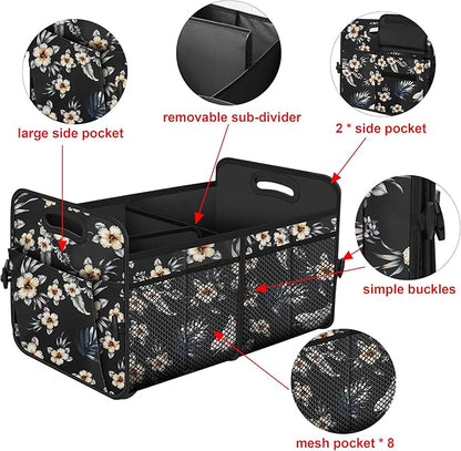 Femuar Car Trunk Organizer,Car Storage Organizer with 72L Large Capacity Waterproof Collapsible and 11 Pockets,Trunk Organizer for Car Suv/Jeep/Sedan, Large Size, Hibiscus flowers