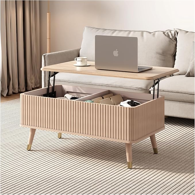 SULIVES Lift Top Coffee Table with Storage,Fluted Coffee Table with Lifting Top,Mid Century Modern Center Table with Solid Wood Legs,Small Coffee Tables for Living Room,Oak