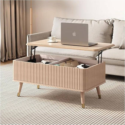 SULIVES Lift Top Coffee Table with Storage,Fluted Coffee Table with Lifting Top,Mid Century Modern Center Table with Solid Wood Legs,Small Coffee Tables for Living Room,Oak
