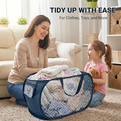 Collapsible Laundry Baskets with Side Pocket, Sturdy Pop Up Foldable Laundry Hamper with Reinforced Handles, Easy to Carry Clothes Hamper for Bathroom, Bedroom, Dorm, Travel -Prism Print, Navy Blue