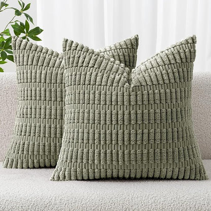 MIULEE Pack of 2 Corduroy Decorative Throw Pillow Covers 16x16 Inch Soft Boho Striped Pillow Covers Modern Farmhouse Home Decor for Summer Sofa Living Room Couch Bed Light Olive Green