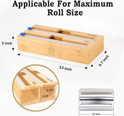 Foil and Plastic Wrap Organizer with Kitchen Aluminum Foil Holder, Cling Plastic Wrap Dispenser with Cutter and Labels, Bamboo Kitchen Wrap Organizer (2 in 1)