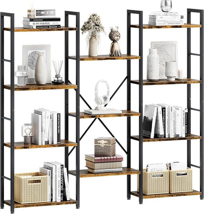 Shintenchi Triple Column 4 Tier Bookshelf, Industrial Large Bookcase Display Shelves, Large Etagere Bookshelf,Wide Book Shelf Book Case for Home & Office, Rustic Brown