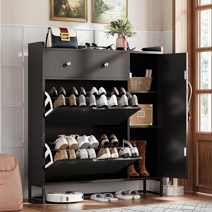YESHOMY Shoe Cabinet for Entryway, Shoe Storage Cabinet with 2 Flip-Front Doors & Drawers, Shoes Organizer for Living Room and Hallway, Black