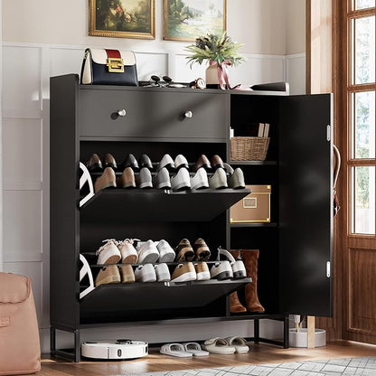 YESHOMY Shoe Cabinet for Entryway, Shoe Storage Cabinet with 2 Flip-Front Doors & Drawers, Shoes Organizer for Living Room and Hallway, Black