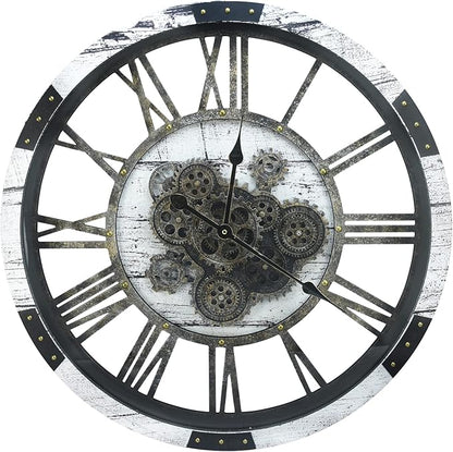 DORBOKER 27 Inch Large Wall Clock Farmhouse Wooden Clock with Moving Gears HD Toughened Glass Cover, Oversized Industrial Steampunk Rustic Wall Clock for Living Room Decor Home Kitchen Office (White)