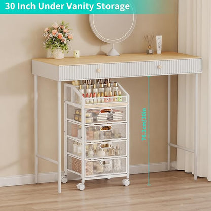 HapiRm Rolling Makeup Cart Organizer - Under Desk Makeup Storage with Wheels, Floor Make up Cart Skincare Organizers Desk Vanity Storage Organizer Cabinet for Cosmetics Makeup Brush Hair Tool, White