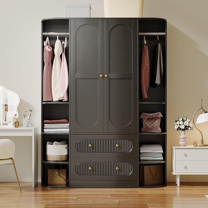 69” Fluted Large Capacity Storage Wardrobe Armoire, Wardrobe Armoire Wooden Closet with 2 Doors, 3 Hanging Rod Shelves, 2 Drawers & 6 Display Shelves, Bedroom Clothing Storage Cabinet Black