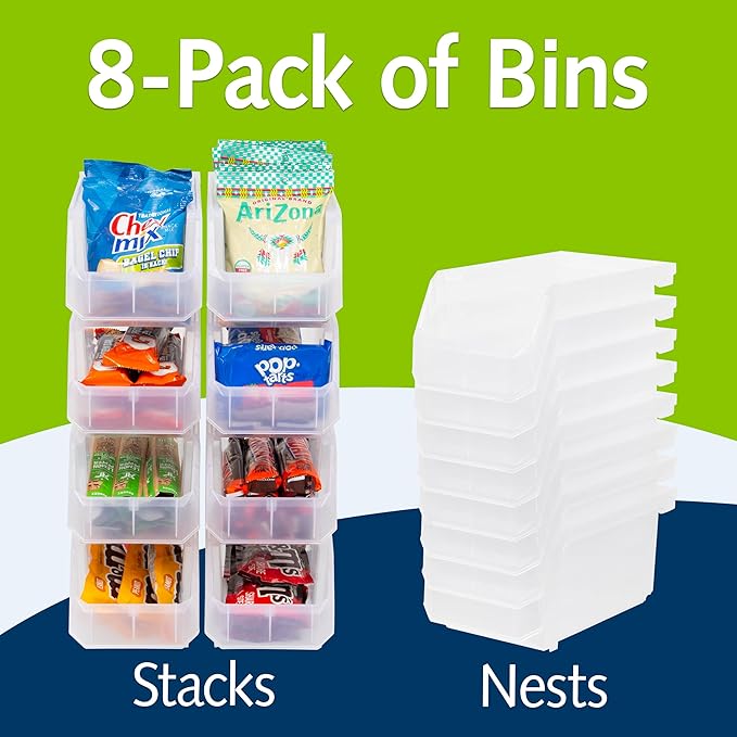 ReadySpace Plastic Containers for Organizing and Storage Bins for Closet, Kitchen, Office, Garage or Pantry Organization, Stackable Bins, Medium (11" x 5" x 5.5"), 8-Pack, Clear