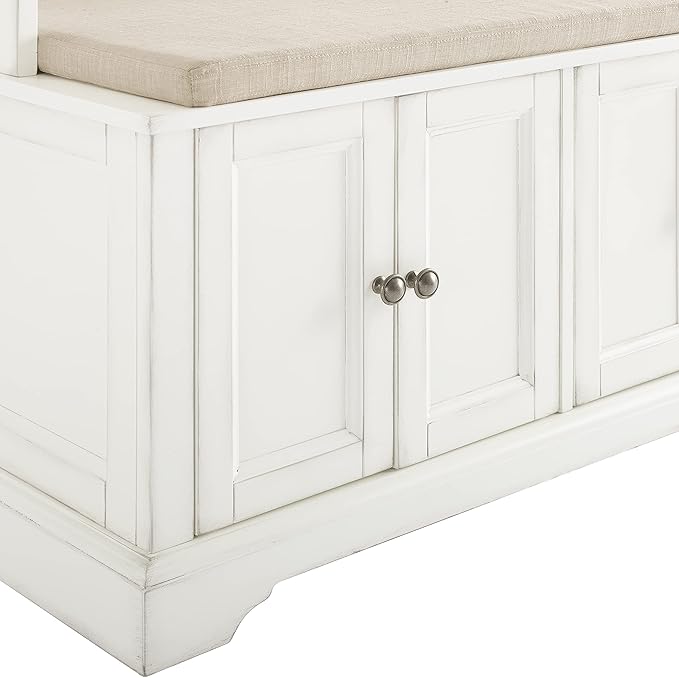 Crosley Furniture Holbrook Hall Tree with Shoe Rack Bench and Coat Hooks for Hanging Storage, Distressed White