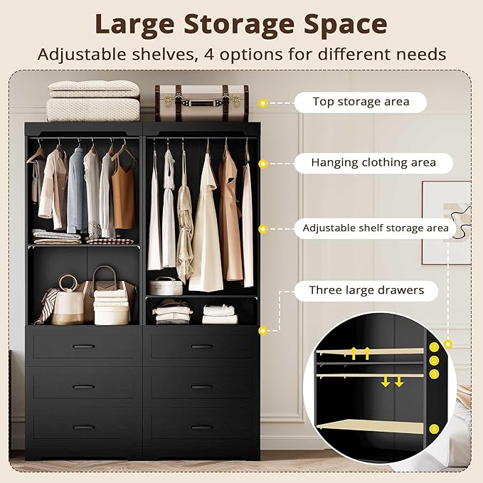 IRONCK Freestanding Closet System with 3 Wood Drawers, Modern Armoire Wardrobe with Adjustable Shelves & Hanging Rod, Walk-in Closet Systems Organizer, Black
