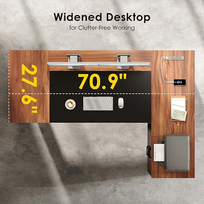 AODK 71 Inch Executive Desk, L Shaped Desk with Drawers and File Cabinet, Large Office Desk with Storage Shelves, Corner Computer Desk for Home Office, Walnut + Black