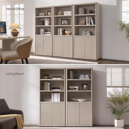 SICOTAS Book Shelf with Doors 71" Tall 6 Tier Bookshelf with Adjustable Shelves Fluted Booshelves & Bookcases Modern Book Case with Large Storage Display Cabinet for Living Room Home Office Bedroom