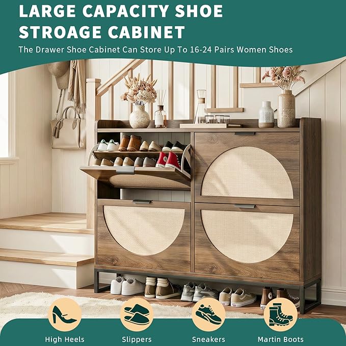 Shoe Storage Cabinet for Entryway Wooden Rattan Shoe Cabinet with 4 Flip Drawers Long Hidden Shoes Cabinet Storage with Metal Legs Narrow Shoe Rack Cabinet Shoes Organizer Cabinet for Hallway Oak