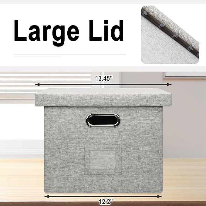 Graciadeco 4-Pack Modern Minimalist Beige Collapsible Linen File Folder Box Office Document Storage Filing Bin with Lid for Letter Legal Size Hanging Folders
