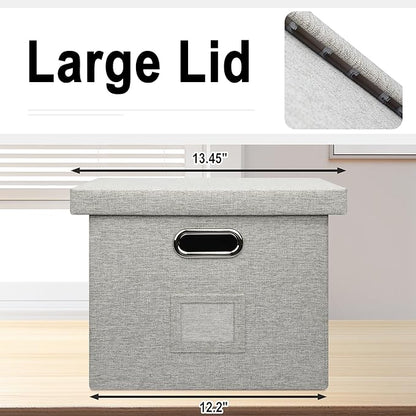 Graciadeco 4-Pack Modern Minimalist Beige Collapsible Linen File Folder Box Office Document Storage Filing Bin with Lid for Letter Legal Size Hanging Folders