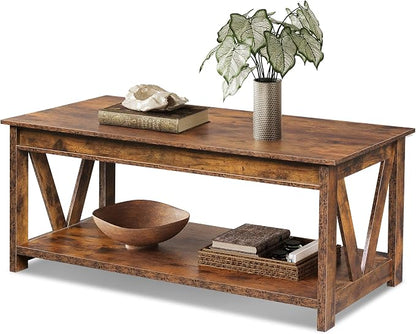 WLIVE Coffee Table, 43" Farmhouse Coffee Table with Storage Shelf & Sturdy V-Shaped Support, Wood Center Table for Living Room, Bedroom, Office and Balcony, Rustic Brown