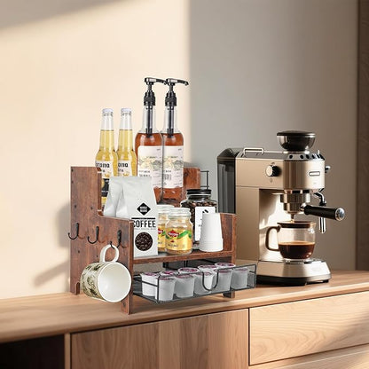 3-Tier Coffee Station Organizer for Countertop, Wood Coffee Bar Organizer with Drawer, Rustic Coffee and Tea Condiment Organizer, K-Cups Coffee Corner Organizer with 6 Hooks for Coffee Bar Accessories