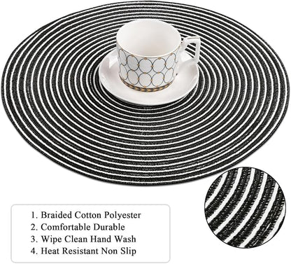 SHACOS 15 inch Round Braided Placemats Set of 6 Non Slip Washable Fabric Kitchen Table Place Mats Heat Resistant Table Mats for Home Wedding Party, Black White