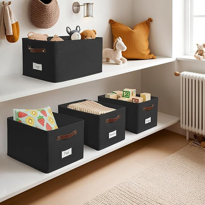 DECOMOMO Storage Baskets for Shelves - Large 15"x11"x10" Foldable Fabric Storage Bins, Baskets for Organizing with Labels (Black, 4pcs)