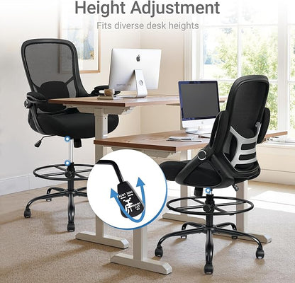 HYLONE 400lbs Big and Tall Heavy Duty Drafting Chair 5" Thickened Seat Tall Office Chair Flip-Up Armrests Ergonomic Chair with Lumbar Support and Adjustable Footrest Ring Standing Desk Chair (Black)