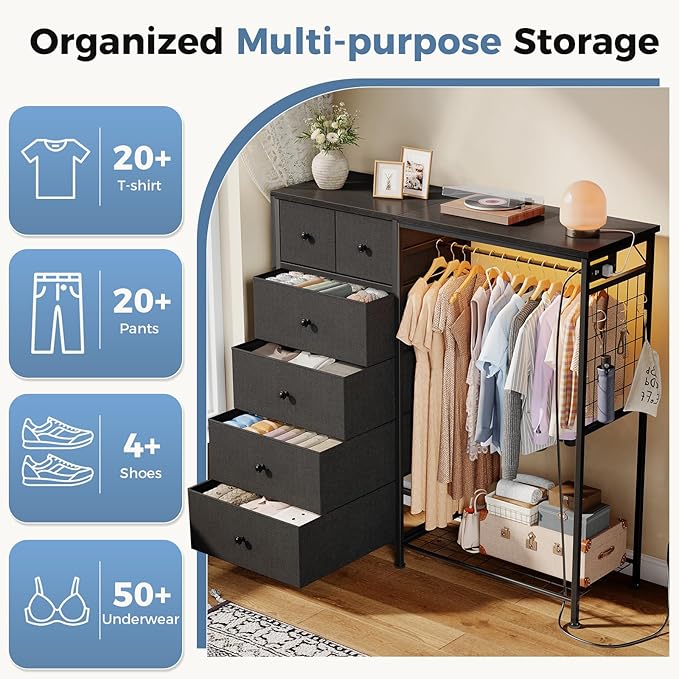 OLIXIS 6 Storage for Bedroom with Hanging Rack with LED Lights & Charging Station, Fabric Chest of Storage with Rack, Wooden Top, for Home Living Room Entryway Black