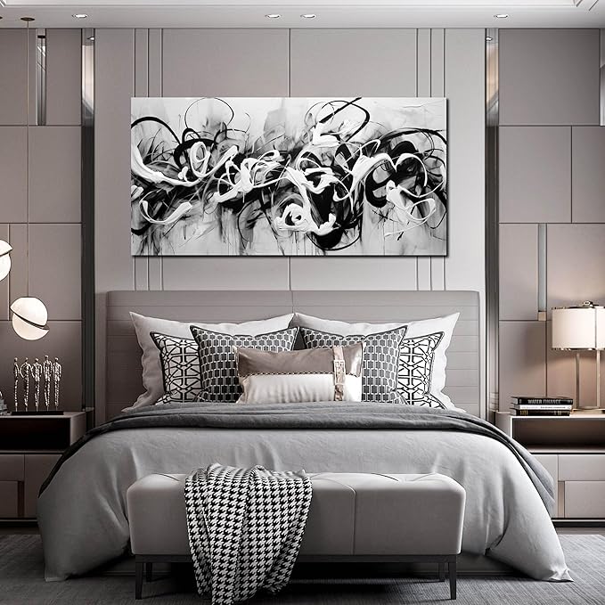 Abstract Canvas Wall Art for Living Room Bedroom Office Black and White Wall Art Abstract Line Picture Framed Wall Decor Modern Canvas Prints 29x59 In