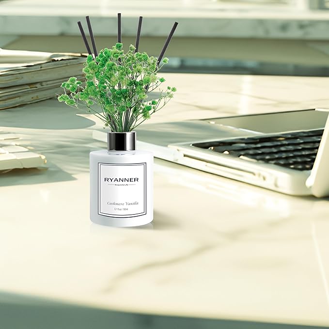 RYANNER Reed Diffuser Set,5.1 fl oz Cashmere Vanilla Scent Diffuser with Sticks Home Fragrance Reed Diffuser with Essential Oil for Bathroom Shelf Decor&Air Freshener,Home Bathroom Office Decor&Gifts