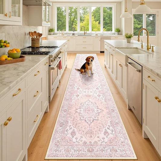 RELEANY Area Rugs Runner 3'x10' Washable Non-Slip, Floral Vintage Distress Medallion Carpet for Kitchen Hallway Bedroom Beside Laundry Room Bathroom, Pink Greypink Cute